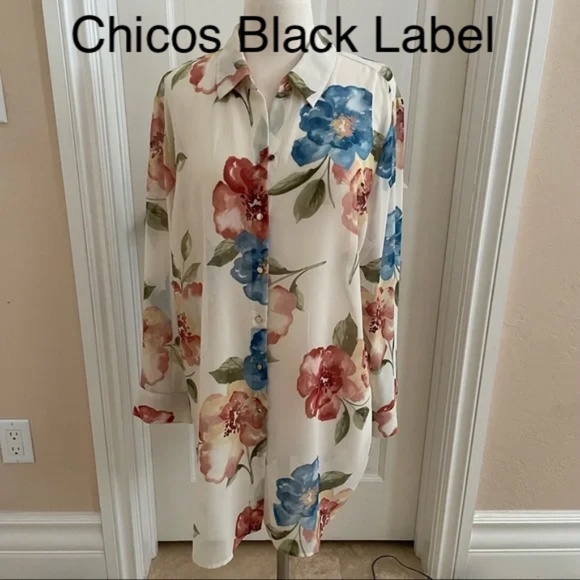 Chicos Black Label Floral sheer long tunic w/long sleeves. Size 3 - Picture 3 of 7